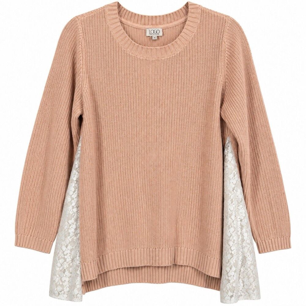 Logo by Lori Goldstein Women Large Pink Knit Sweater Lace Side Tunic Hi Low
